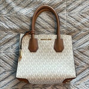 Michael Kors Mercer Tan Grey Logo Convertible Crossbody Hand Bag Small